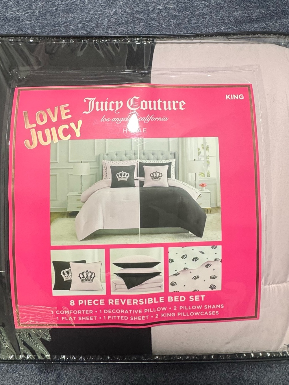 Juicy Couture Black/Pink Reversible 8pc KING Set Comforter,Shams,Sheets,Pillow